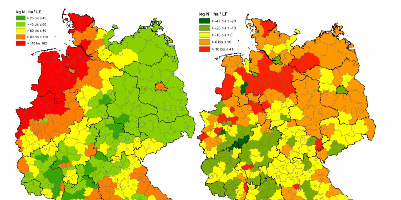 Zwei Deutschlandkarten mit farbigen Ansichten zur Stickstoff-Flächenbilanz 2015-2017