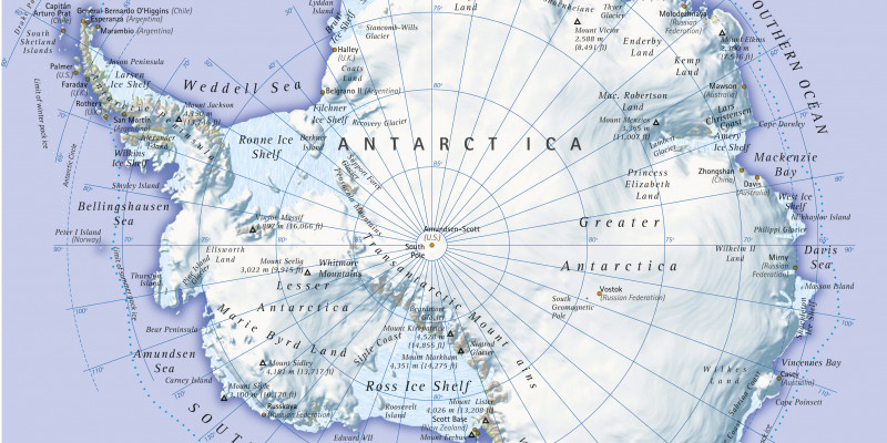 Abgebildet ist eine Karte der Antarktis. 
