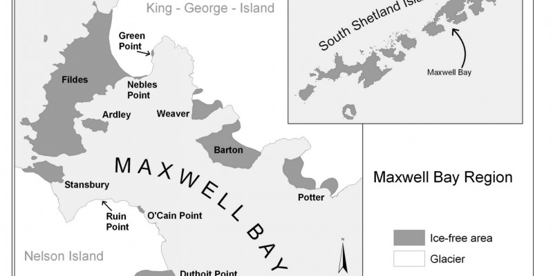 Die Karte zeigt die Maxwell Bay in der Antarktis. Sie ist umgeben von King George Island und Nelson Island.