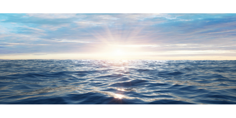 The picture shows a slightly agitated sea surface under a low sun. The sky is covered in bluish-grey clouds. 