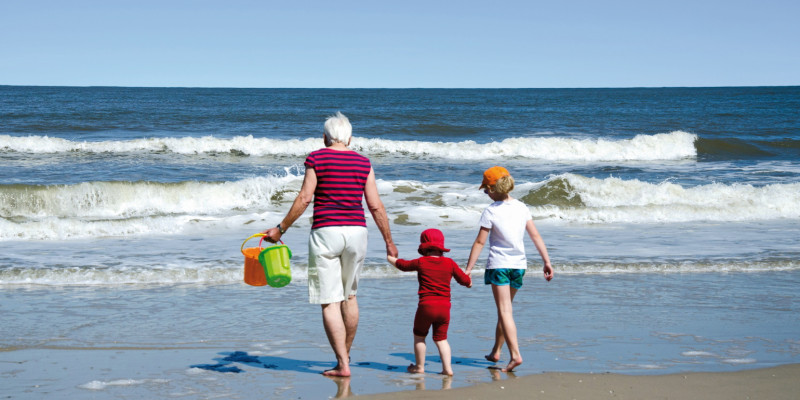 The picture shows an elderly woman, a toddler and a child of school age from behind; they are all wearing summer clothing. Holding hands, they are walking on the beach towards the waves. The woman is holding two buckets for digging in the sand. 