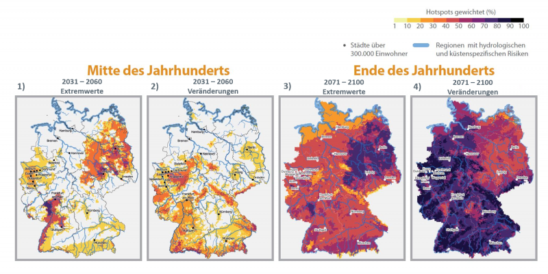 Es sind Regionen mit zukünftig vielen klimatischen Extremen oder mit starken Veränderungen der Klimaparameter relativ zu heute auf einer Deutschlandkarte abgebildet.