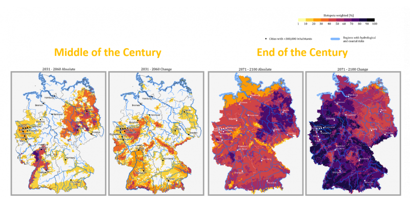 A map of Germany shows regions with many climate extremes in the future or with strong changes in climate parameters relative to today.