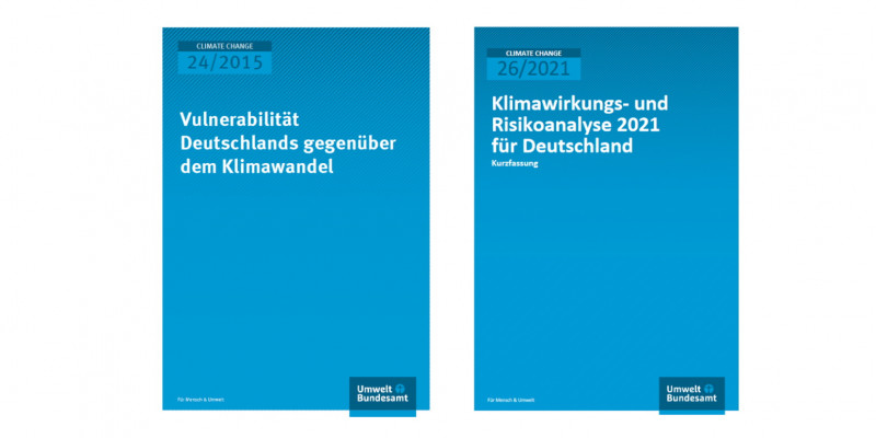 Abbildung der Titelblätter der Vulnerabilitätsanalyse 2015 und der KWRA 2021 vom Umweltbundesamt.