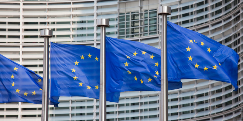 Europaflaggen wehen im Wind vor einem Regierungsgebäude