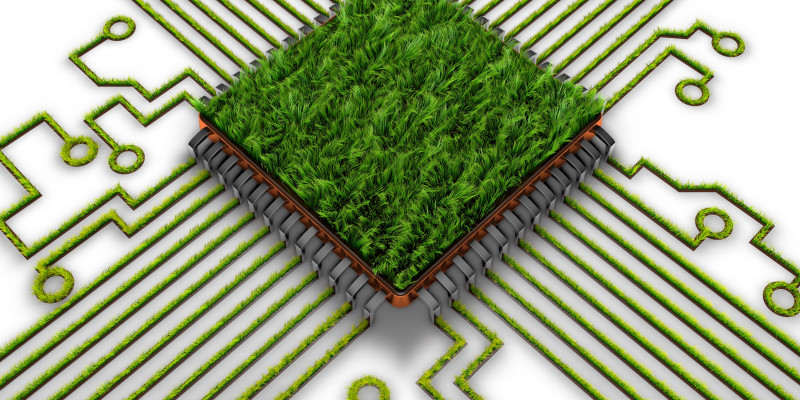Computer-Platine, die mit Gras begrünt ist; die Vernetzungen, die zu der Platine hinlaufen, sind ebenfalls begrünt; einige Stränge enden im Bild 