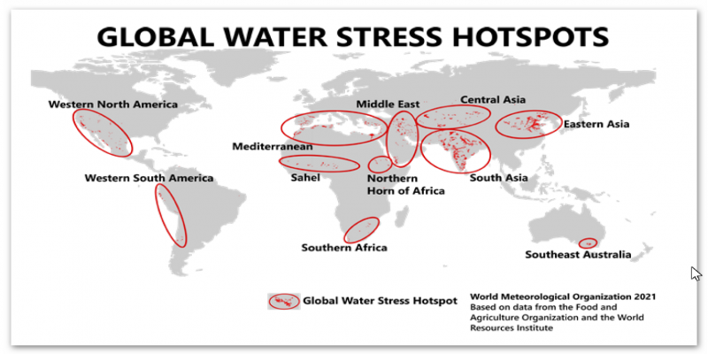 zu sehen ist eine Weltkarte auf der die Wasserstress-Hotspots eingezeichnet sind