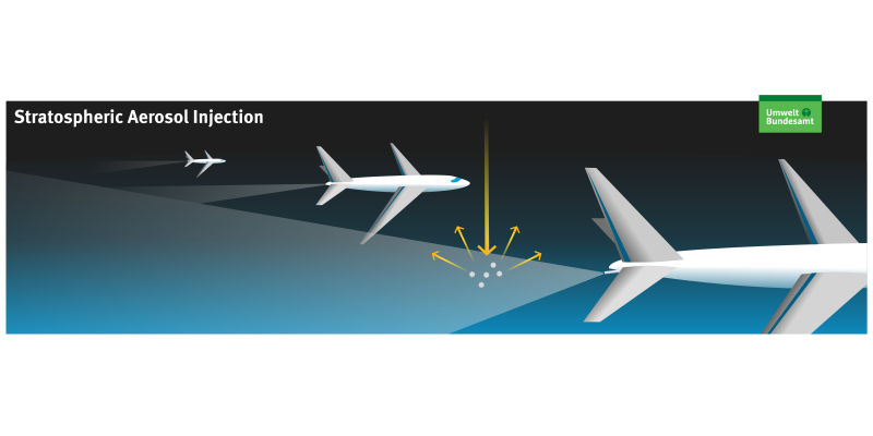Narrow airplanes with spraying equipment spread a whitish haze high above.