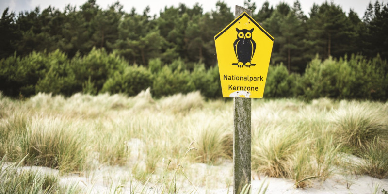 The picture shows the sign for the designation of a national park core zone, which is common in the East German Länder. It shows an owl. The sign stands in a steppe lawn, with a forest bordering it in the background. 