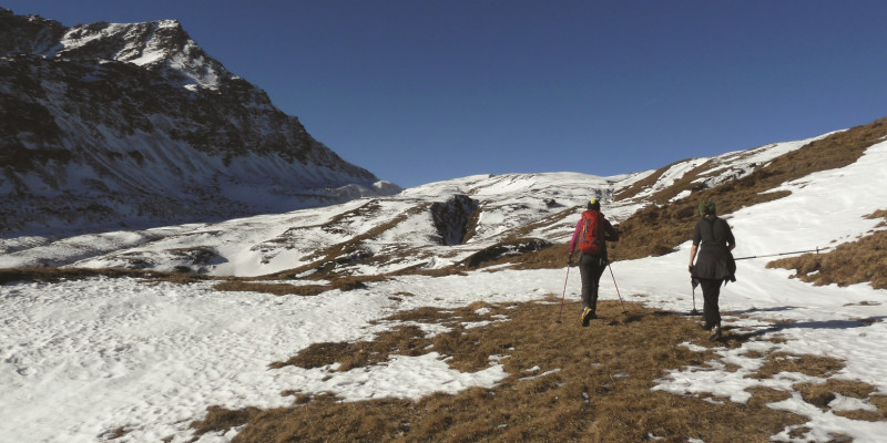 The picture shows two female mountaineers from behind, walking with poles across a partially snow-covered mountain meadow. 