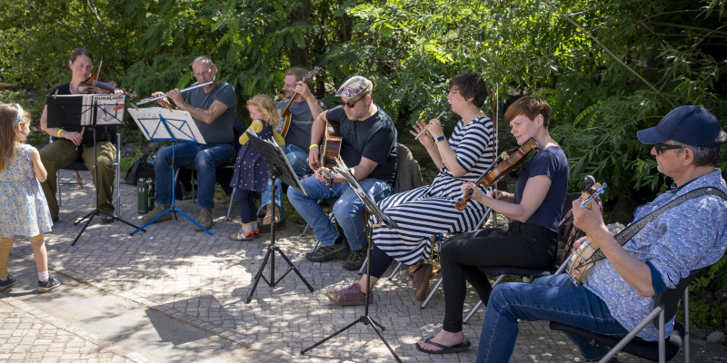 Die Gruppe Irish Traditional Music Session Dessau mit Musikinstrumenten sitzend auf Stühlen, 