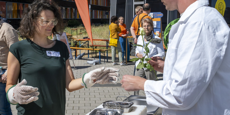 Die Umweltprobenbank hat es ermöglicht, mit einer Blattsammlung auf genetische Spurensuche gehen, Zu sehen sind ein Mann mit Laborkitel und Schutzbrille sowie eine Teilnehmerin mit Schutzbrille, der etwas aus einem Stickstoffbehälter gezeigt wird.. 