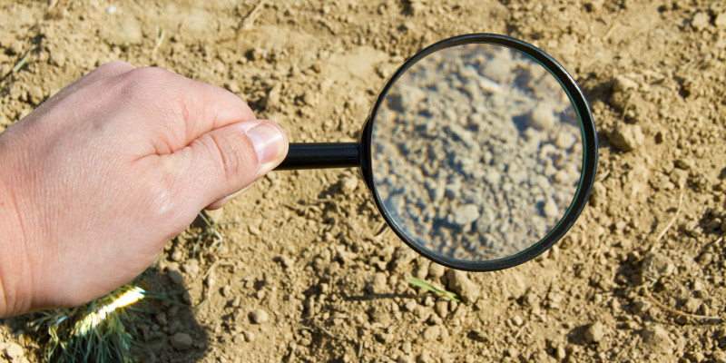The issue of microplastics in soils - a danger for humans and the environment? You can see a hand with a magnifying glass examining the soil. 