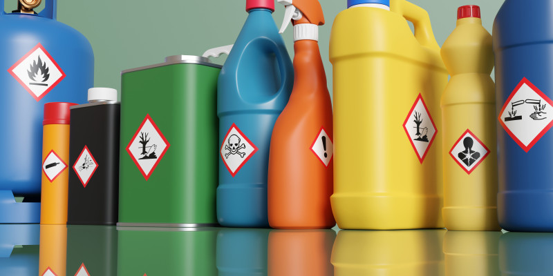 Ein Bild zeigt eine Reihe an Plastikflaschen und Metalldosen mit unterschiedlichen Warnhinweise