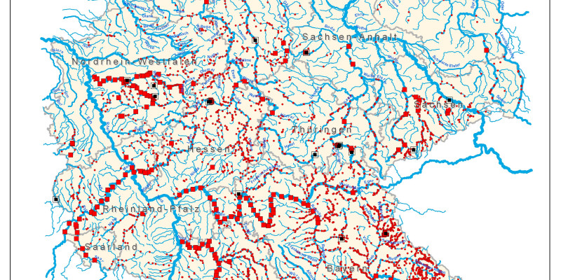 Zu sehen ist eine Karte von Deutschland mit der Verteilung von Wasserkraftanlagen in den Städten in Deutschland 