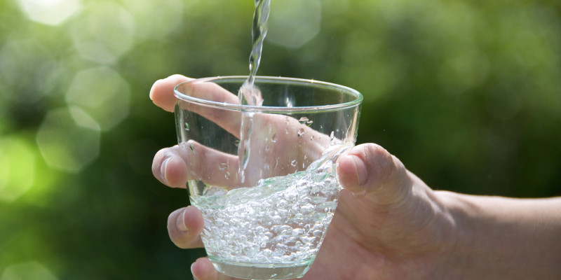 A hand holding a water glass can be seen. 