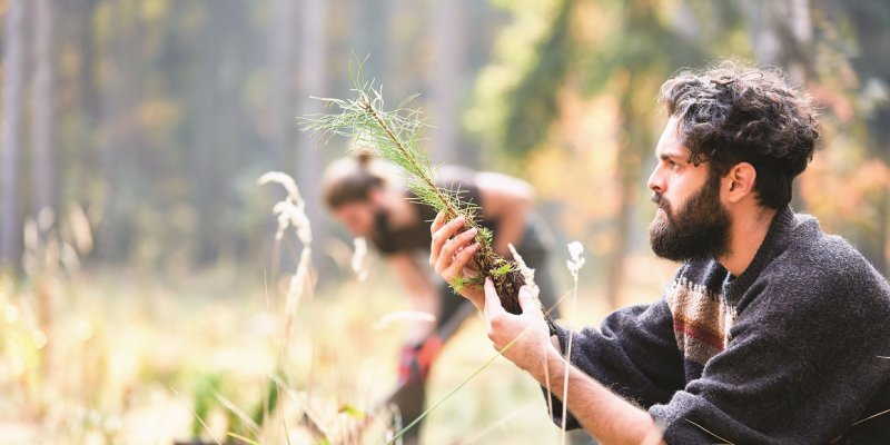 The picture shows a young man kneeling in a clearing, holding a conifer seedling in his hands and looking at it. In the background, a man planting a tree with a spade can be seen in a blur. 