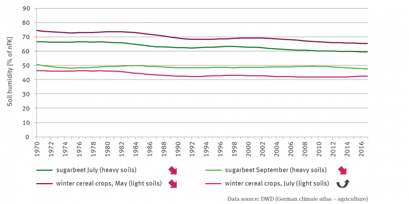 The line graph shows the development of soil water supply in agriculturally used soils as a percentage of the usable field capacity since 1970. The graph shows the development of soil water supply in light soils under winter cereals in May and July and in heavy soils under sugar beet in July and September. With the exception of the time series for winter cereals in July, which shows a quadratically increasing trend, the trends of the time series are significantly increasing.