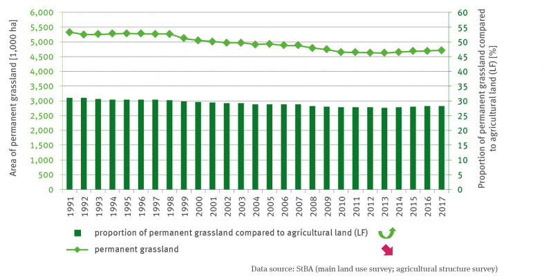 A bar chart shows the share of permanent grassland in the area used for agriculture. A time series from 1991 to 2017 is shown, with values decreasing continuously and significantly. For 1991 the value is 31 percent, in 2017 it has dropped to 28 percent. A line represents the permanent grassland area in hectares. In 1991, there were 5,400,000 hectares, in 2017 around 4,700,000. The trend is quadratically increasing, which means that the decline was halted after 2010.
