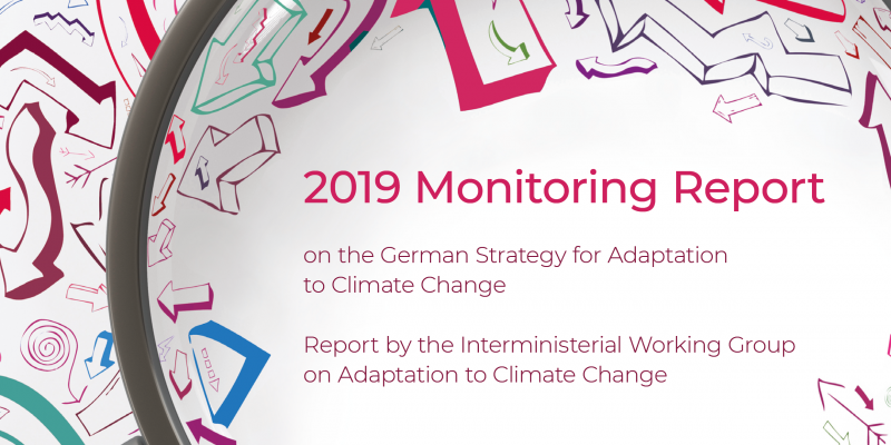 Detail of the cover image for the DAS Monitoring Report 2019, a magnifying glass is shown that magnifies letters and symbols with the text Monitoring Report 2019.