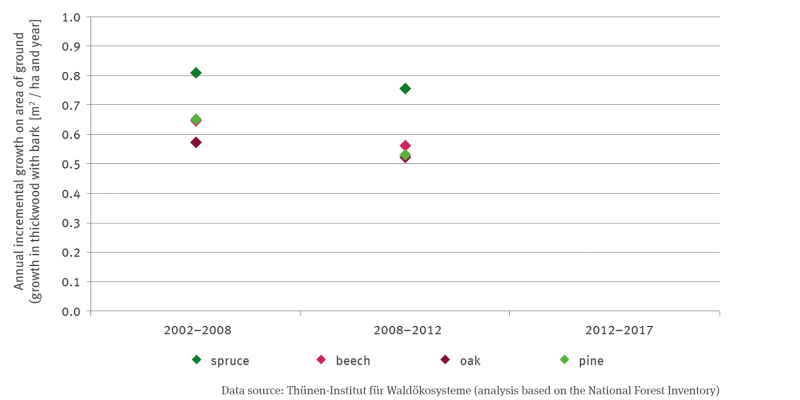 The graph shows points for the annual basal area increment (increment of derb wood with bark) in square metres per hectare and year for spruce, beech, oak and pine for the period 2002-2008 and 2008-2012 respectively. The values for 2002-2008 are 0.81 for spruce, 0.65 for pine, 0.64 for beech and 0.58 for oak; for 2008-2012 0.75 for spruce, 0.53 for pine, 0.57 for beech and 0.53 for oak.