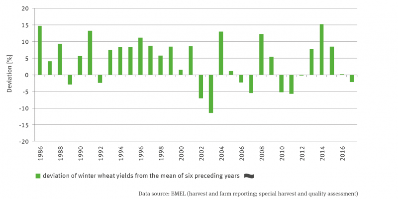 The bar chart shows the deviation in percent of the winter wheat yields from the mean of the 6 previous years for the period 1986 to 2017. Up to 2001, the positive values clearly predominate, in the years thereafter there were strong differences between the years with partly significant positive and negative deviations. There is no trend.