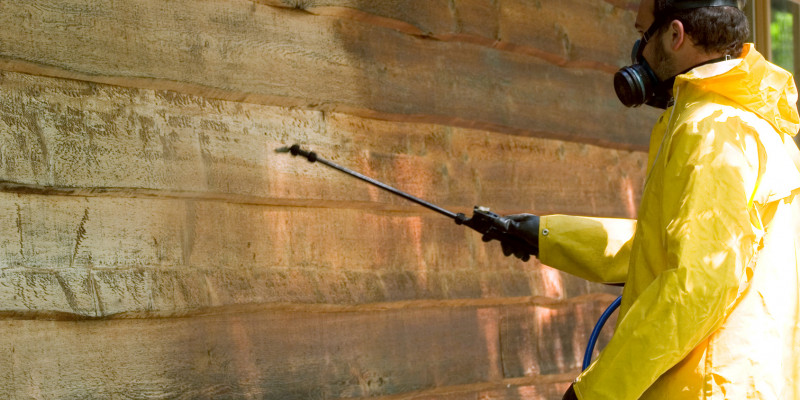 Mann in Schutzkleidung bringt Holzschutzmittel auf einer Holzwand auf