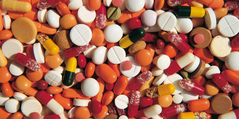 various colorful tablets and pills from the top