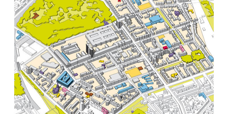 Ein 3D-Plan des Kiezes Brunnenviertel in dem einzelne Bereiche/Gebäude mit verschiedenen Farben markiert sind.