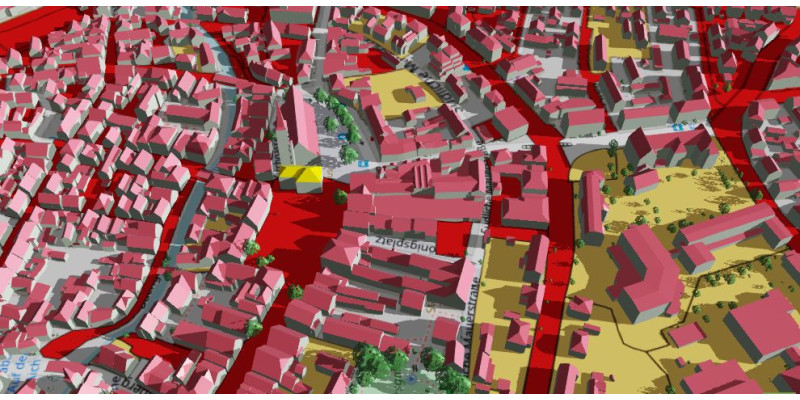 Es wird die Aufenthaltsqualität in Bereichen der Innenstadt gezeigt. Rot zeigt ungünstige Aufenthaltsqualität, gelb günstige
