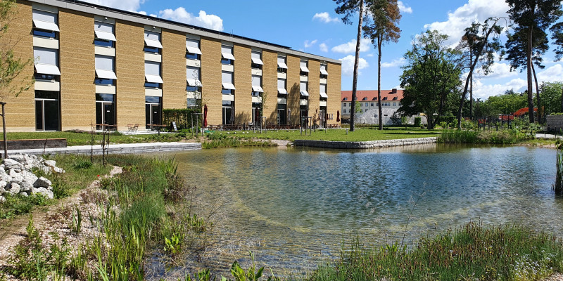 Das Bild zeigt den Teich auf dem Alnatura Campus, welcher mit der Regenwasserrigole und den Überlaufmulden verbunden ist. 