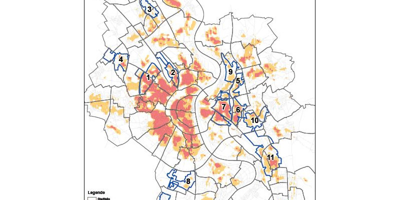 Die Karte zeigt den prozentualen Anteil (sehr) hoch hitzebelasteter Siedlungsflächen in den elf Sozialräumen.