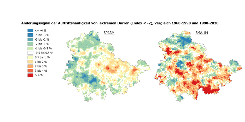 Änderungssignal der Auftrittshäufigkeit von extremen Dürren (Index < -2), Vergleich 1960-1990 und 1990-2020