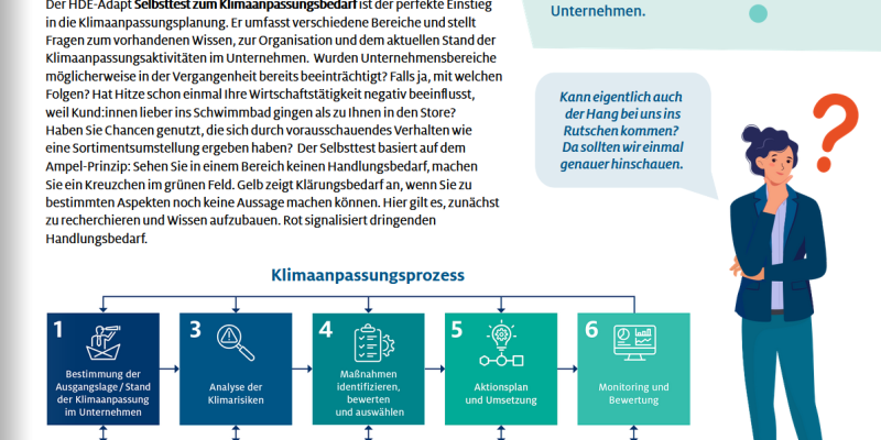Auszug aus dem Schritt-für-Schritt-Leitfaden zur Klimaanpassung für Handelsunternehmen in den Farben Dunkelblau und Türkis.