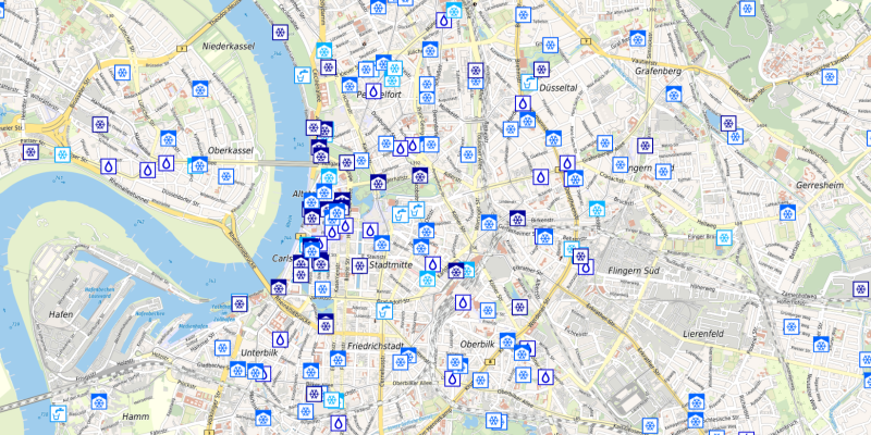 Kartenausschnitt der Düsseldorfer Karte der kühlen Orte