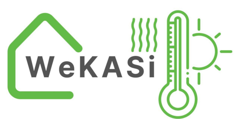 Logo des Projektes: schematische Darstellung in Grün von Haus und Thermometer sowie die Sonne. Schriftzug des Projektes WeKASi steht im Mittelpunkt.