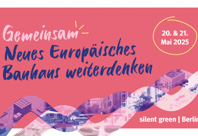 Rot-blauer Konferenzbanner mit Visualisierung zum Thema Stadt, Raum und Transformation