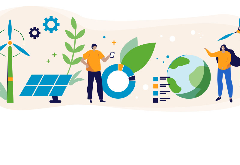 Two wind turbines, a solar plant, two people, the globe, plant leaves and diagrams illustrating the topics of the AI Lab are depicted on a light-coloured background.