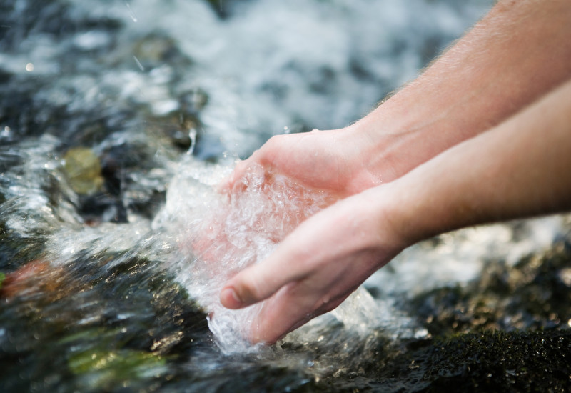 Das Bild zeigt zwei Hände, die Wasser aus einem Bach schöpfen.