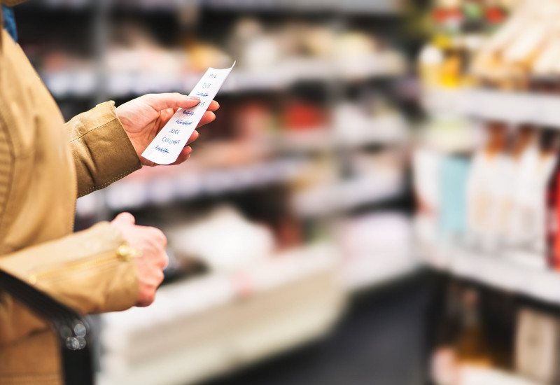Eine Person in einer beigen Jacke und mit einem roten Einkaufskorb in der Hand hält in einem Supermarkt eine Einkaufsliste in die Höhe und blickt darauf.