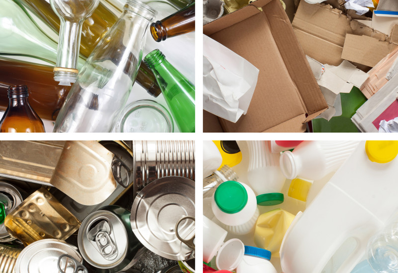 verschiedene Verpackungen: Dosen, Flaschen, Kartons