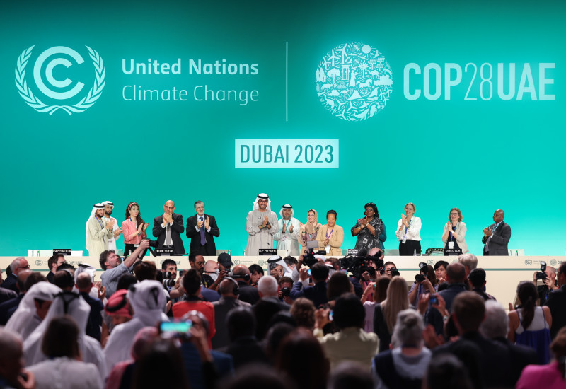 H.E. Dr. Sultan Al Jaber, COP28 President and other participants onstage during the Closing Plenary at the UN Climate Change Conference COP28 at Expo City Dubai on December 13, 2023, in Dubai, United Arab Emirates. 