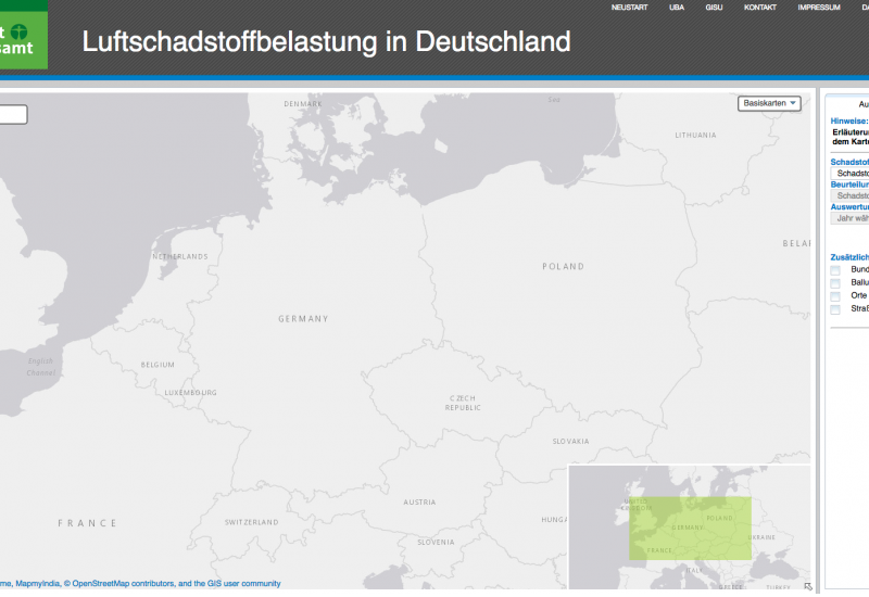 Frontpage der GISU Seite für Luftschadstoffbelastung in Deutschland