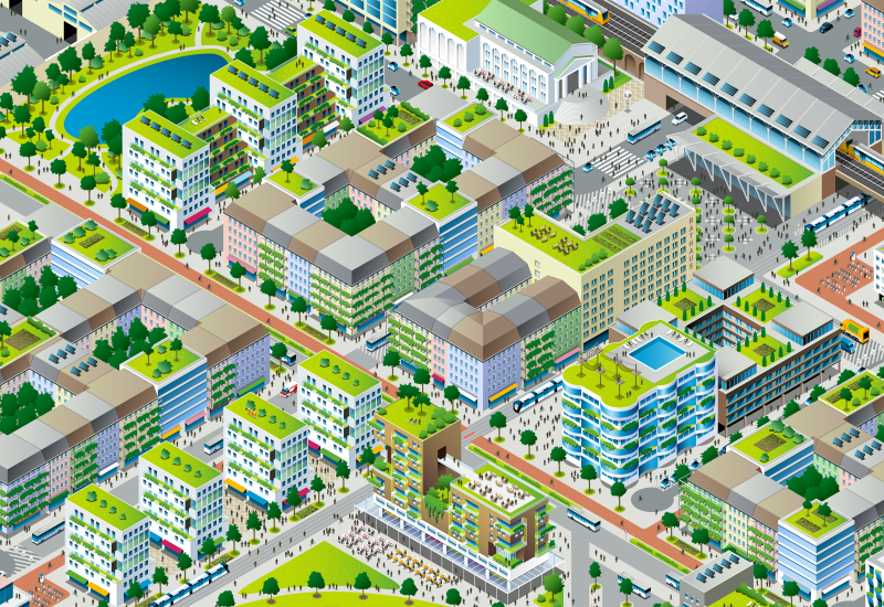 Das Bild zeigt die Graphik einer lärmarmen, grünen, kompakten und durchmischten Stadt.