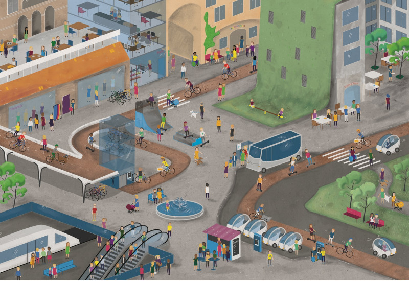 bunte Zeichnung einer Stadt: Im Straßenraum ist viel Platz für Fußgänger und Radverkehr, es gibt Busse, Bahnen und Elektrokleinwagen. Die Dächer sind begrünt und werden von den Menschen, wie die ebenfalls vorhandenen Grünanlagen und Stadtplätze, zur Erholung genutzt.