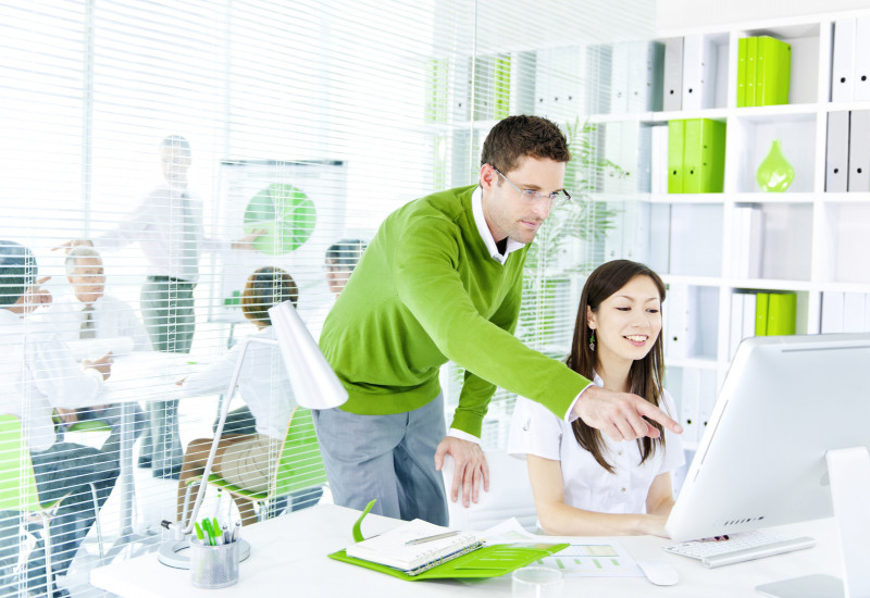 in einem weiß und hellgrün gehaltenen Büro sitzt eine Frau am Computer, ein Kollege steht daneben und zeigt etwas auf dem Monitor, im Hintergrund weitere Kollegen bei einer Besprechung, ein Mann präsentiert ein Tortendiagramm auf einem Flipchart