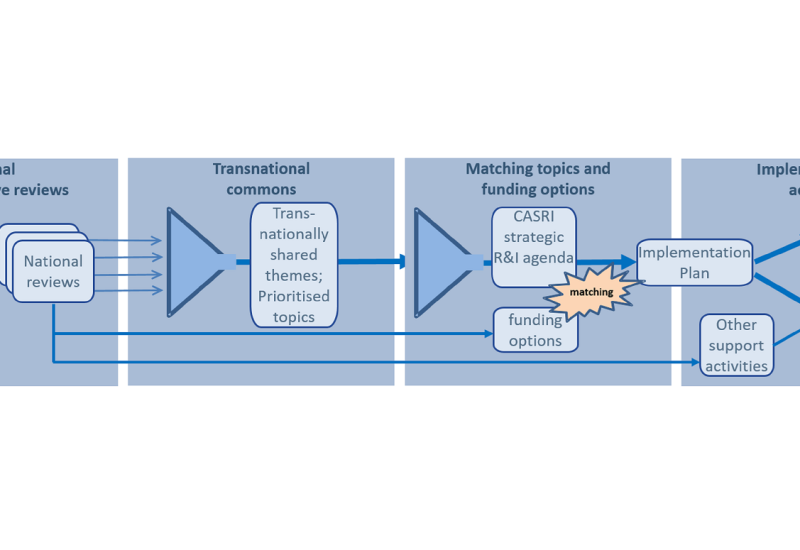 The image shows a flowchart representing a structured process for implementing research and innovation collaborations and funding actions.