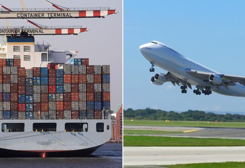 Containerschiff und Flugzeug