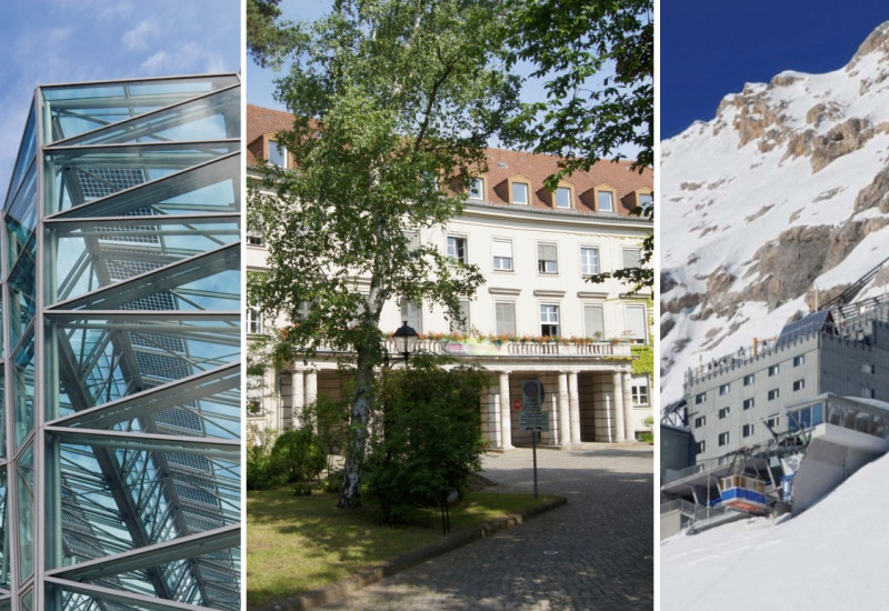 Collage aus 3 Gebäuden: Moderner Glasbau, Altbau im Grünen und Bergstation am schneebedeckten Berghang