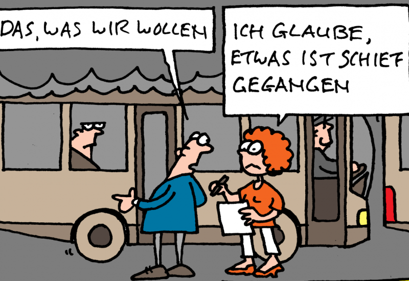 Comic: zwei fast leere Busse fahren hintereinender her, die Luft ist mit Abgasen verpestet. Eine Frau und ein Mann beobachten die Szene. Der Mann: Ist es das, was wir wollen. Die Frau: Ich glaube, etwas ist schief gegangen.